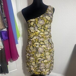 Zara One-Shoulder Dress in Yellow and Purple Floral